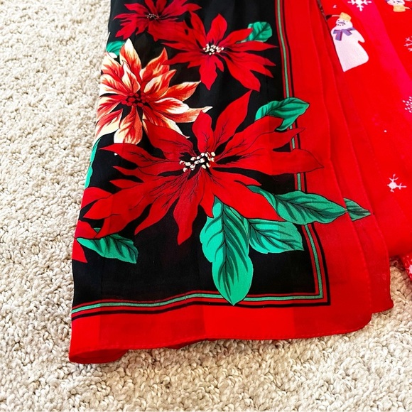 Long Rectangle Christmas Scarf Scarves Poinsettia Snowman Winter Red Lot 2x - Picture 2 of 8